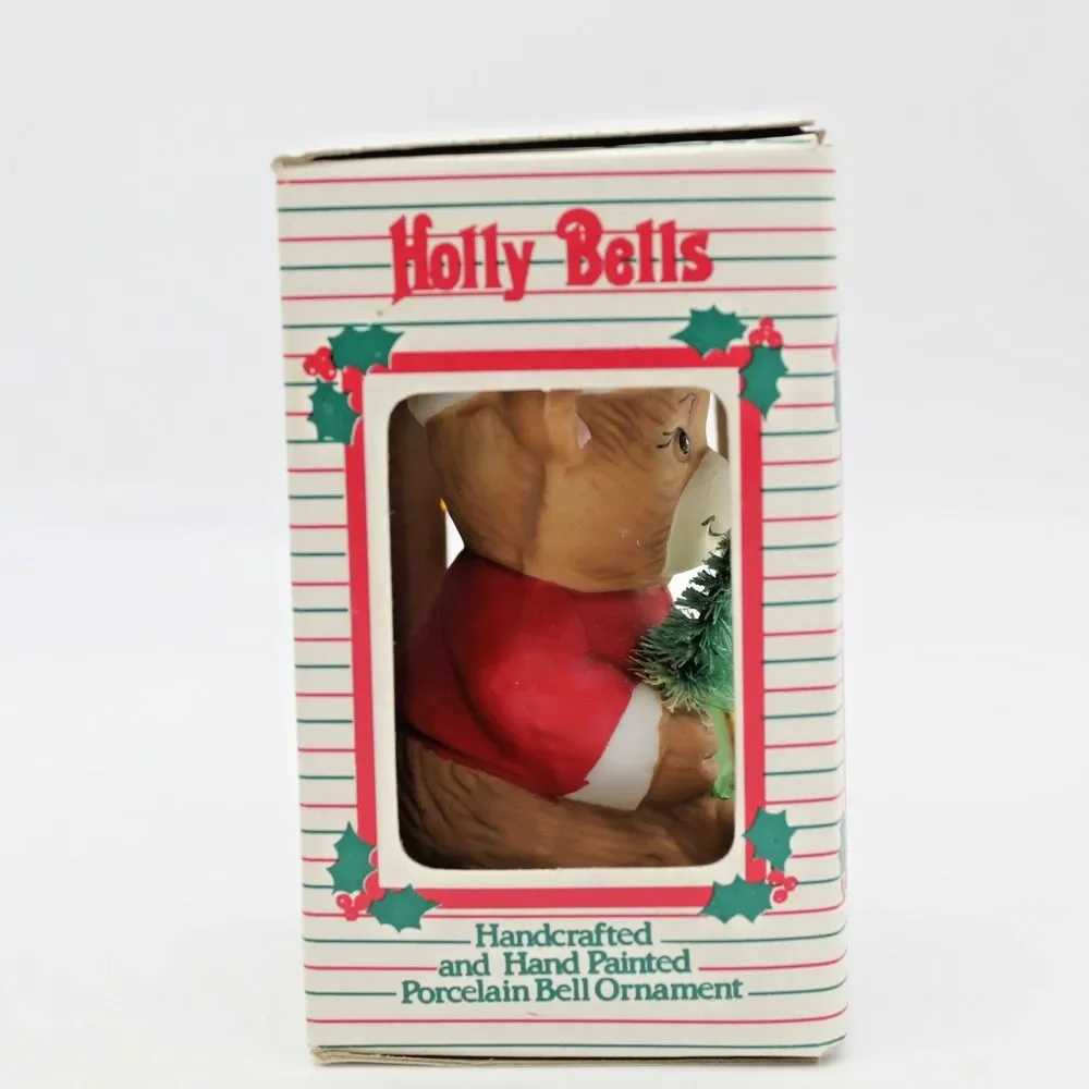 Holly Bells Porcelain Teddy Bear Bell Ornament Vintage 1986 Original Box a